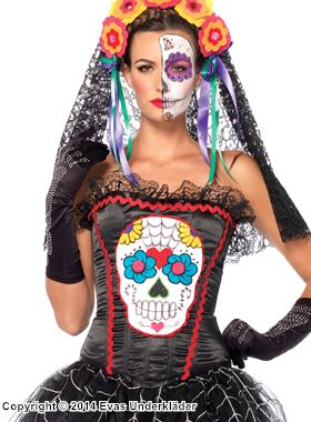 Tag der Toten, Kostüm-Bustier, Spitzenbesatz, Calavera-Totenkopf